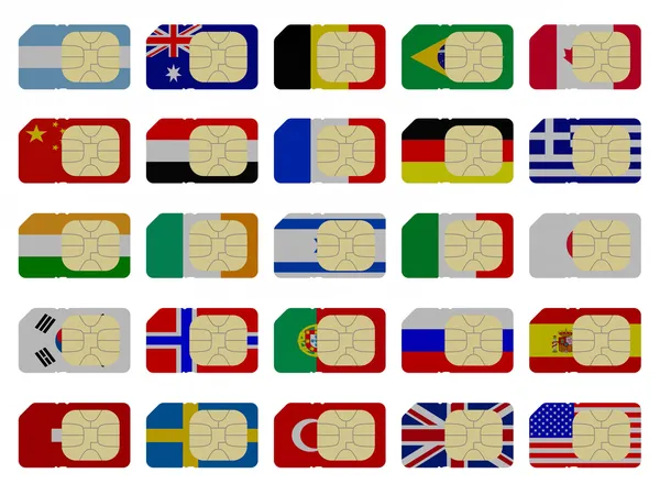 Tarjetas SIM 2D representadas como banderas de diferentes países —  Fotos de Stock