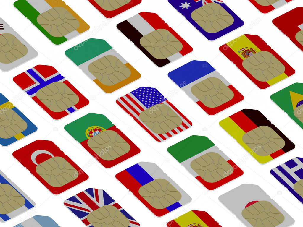 3D SIM cards represented as flags of different countries Stock Photo by