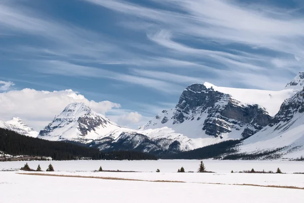 Paysage hivernal avec les Rocheuses canadiennes et le lac Bow — Photo