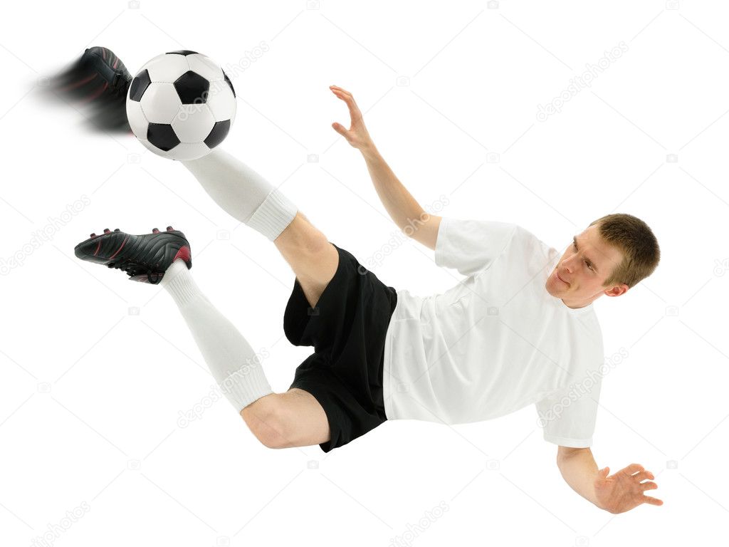 Accomplished soccer player in midair