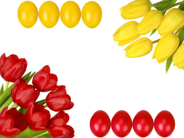 Easter frame with yellow and red tulips and eggs — Stock Photo, Image