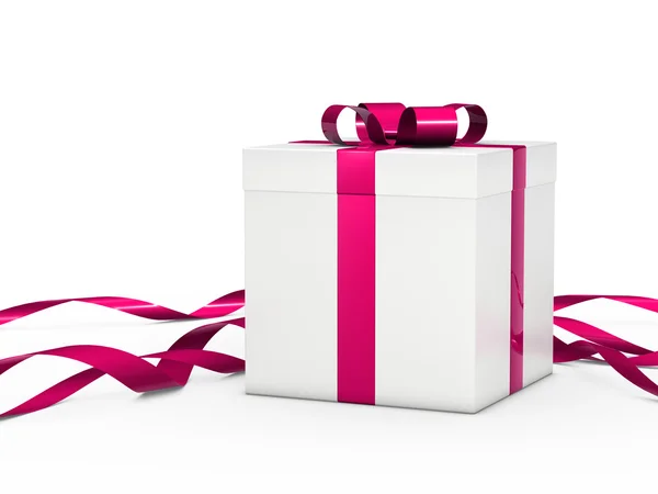 Ajándék doboz fehér rózsaszín szalag — Stock Fotó