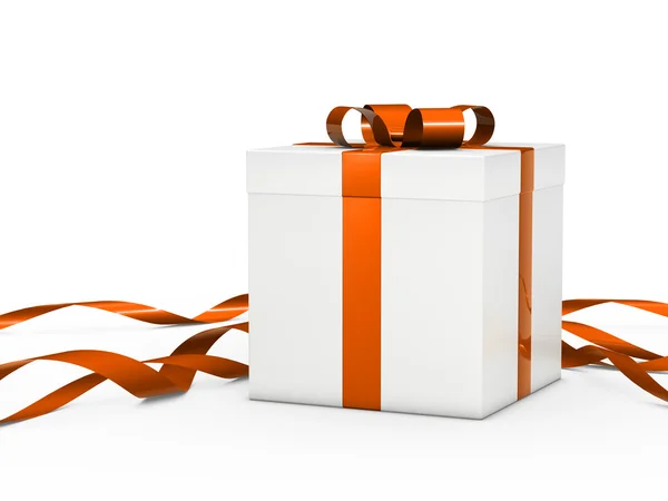 Подарункова коробка біло-помаранчева стрічка — стокове фото