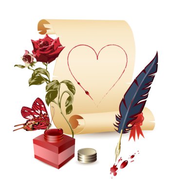 Papyrus, rose, ink pot and a feather clipart