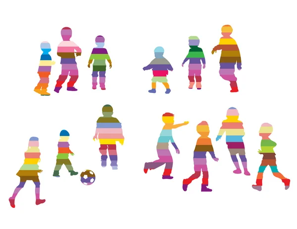 Crianças silhuetas feitas de listras coloridas —  Vetores de Stock