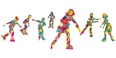 Children silhouettes made of colorful circles on roller skates clipart