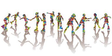 Children silhouettes made of colorful spots on roller skates clipart