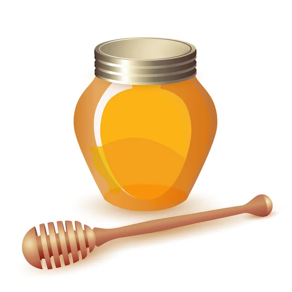 Closed honey jar and wooden dipper — Stock Vector