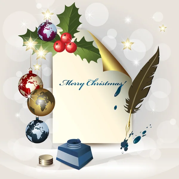 Arkusz papieru, Boże Narodzenie globusy, atrament garnek i pióro — Wektor stockowy