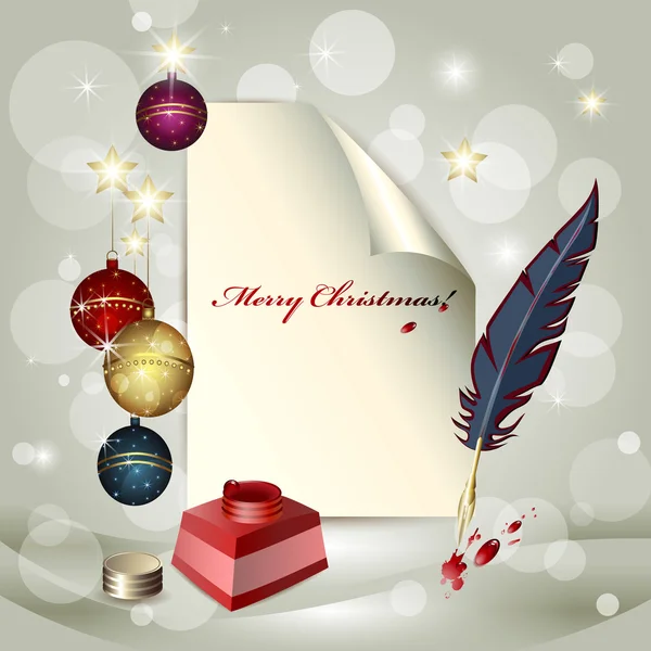 Φύλλο χαρτί, Χριστούγεννα μπάλες, δοχείο μελανιού και ένα φτερό — Διανυσματικό Αρχείο