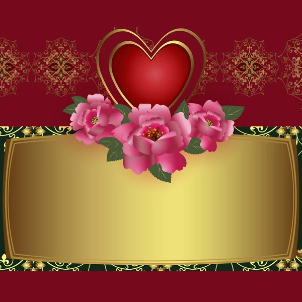 Tarjeta de felicitación con corazón rojo y rosas . — Vector de stock