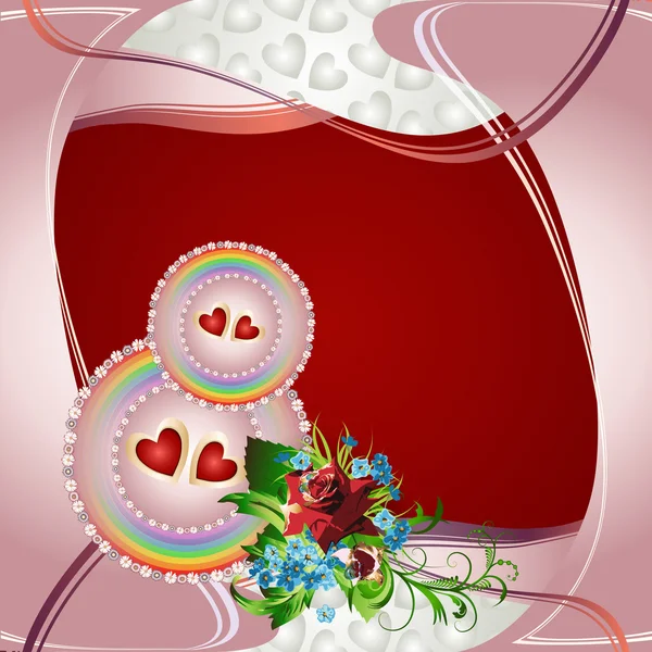 Glückwunschkarte mit roten Herzen, Rose und Kornblumen. — Stockvektor