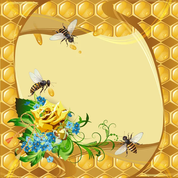 Fundo com abelhas e favo de mel — Vetor de Stock
