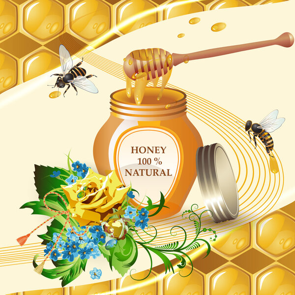 Jar of honey with wooden dipper, bees and yellow rose