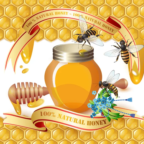 Frasco de mel fechado, conta-gotas de madeira, abelhas e fitas Ilustrações De Stock Royalty-Free