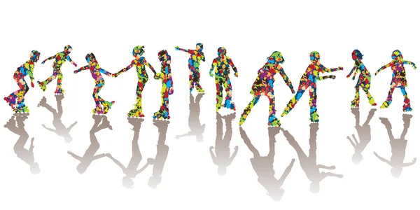 Дитячі силуети з барвистих плям на роликових ковзанах Ліцензійні Стокові Ілюстрації