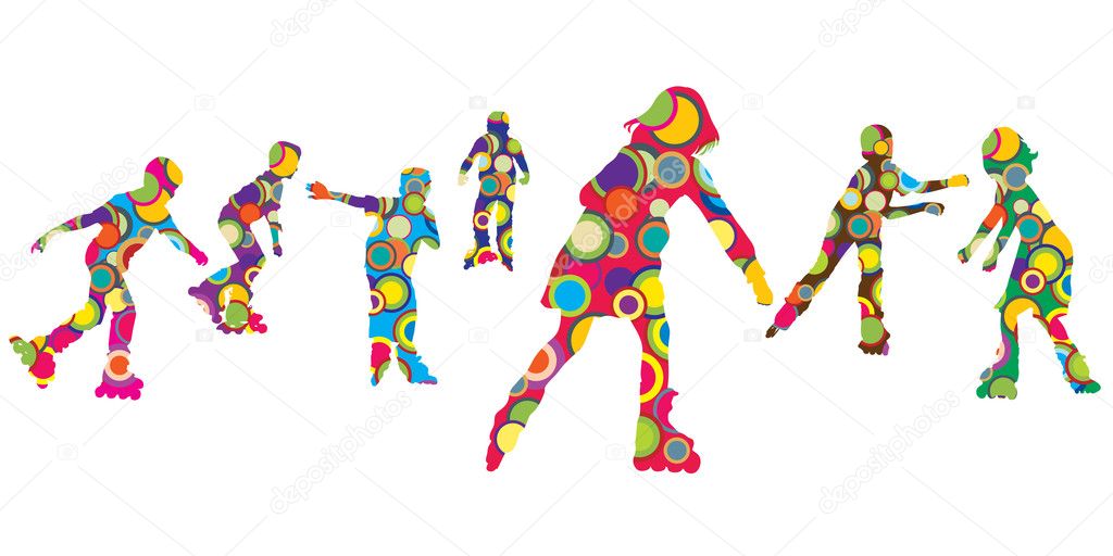 Children silhouettes made of colorful circles on roller skates