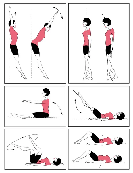 Векторный набор гимнастических упражнений для позвоночника — Stok Vektör