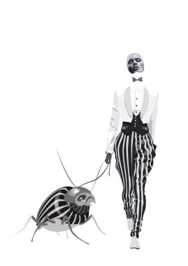 Fashion woman in striped pantaloons walking with bug on white b clipart