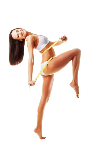 Gelukkige vrouw na weightloss met maatregel — Stockfoto