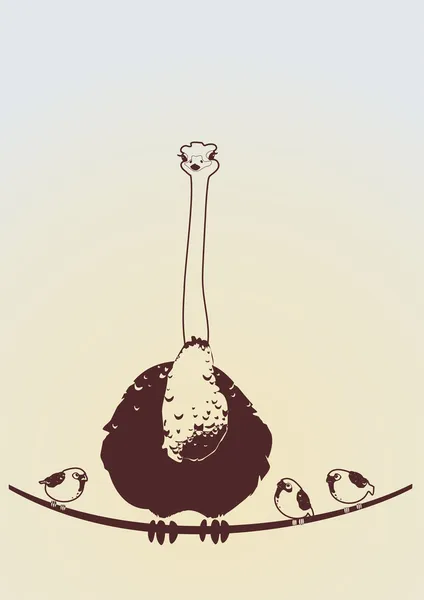 Ostrich and little birds are siting on branch — Stock Photo, Image