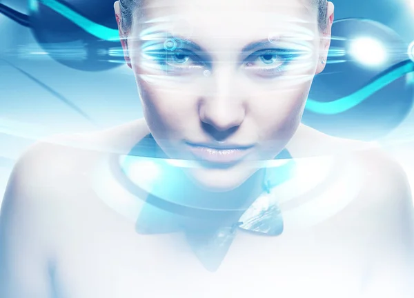 ロボットと女性との照明目仮想知識表現 — ストック写真