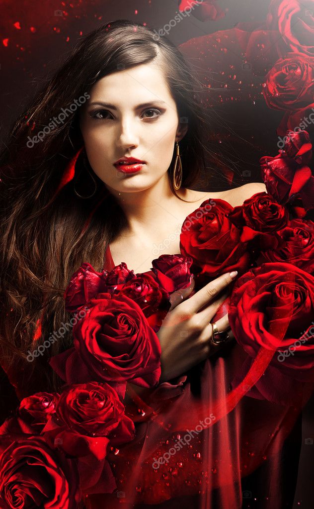 Attractive woman in red drapery with red roses — Stock ...