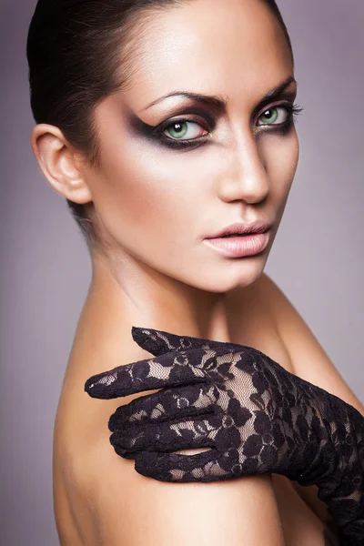 stock image Close up portrait of sexy brunette woman with black glove