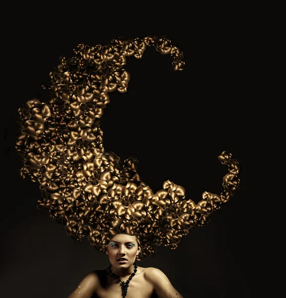 Beautiful sexy woman with gold curly hairstyle moon — Stock Photo, Image