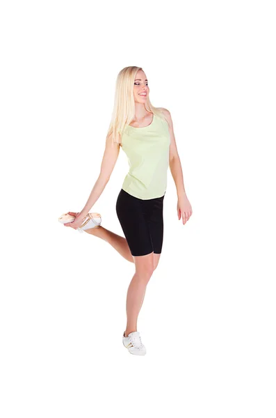 Meisje je haar oefening op één been doet — Stockfoto