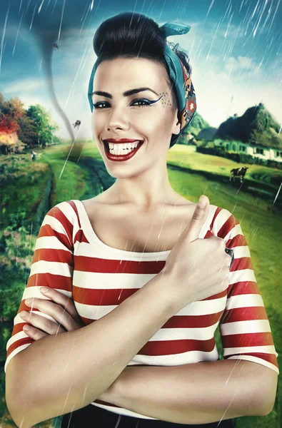Lucky smiling shepherdess on country view — Stock Photo, Image