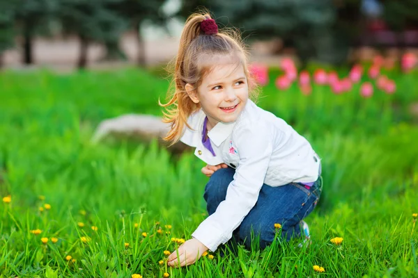 Menina bonita feliz sentado em um prado verde — Fotografia de Stock