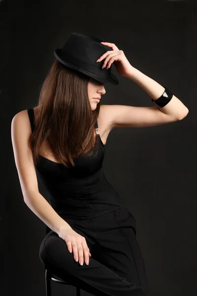 Mafia Girl in a black dress with a hat — Stock Photo, Image