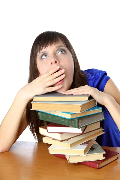 Student girl tortured by reading books — Stock Photo, Image