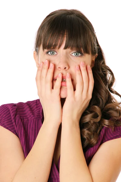 Frightened girl buries her face by hands — Stock Photo, Image