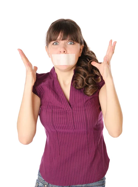 Flickan med tejp förseglade munnen — Stockfoto