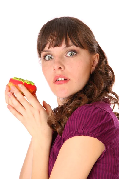 Girl is afraid for shis donut — Stock Photo, Image