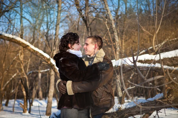 Ett par omfamna i en vinter skog — Stockfoto