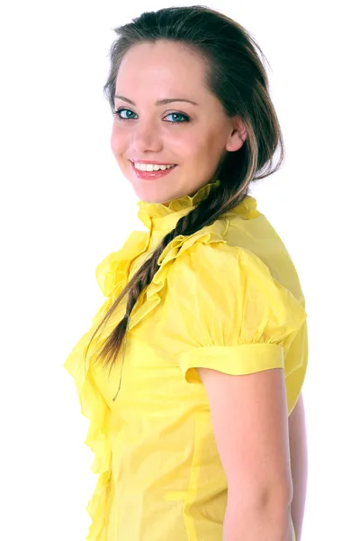 Sarı elbiseli neşeli kız — Stok fotoğraf