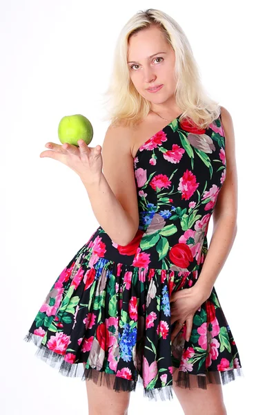 Žena id barevný šaty s apple — Stock fotografie