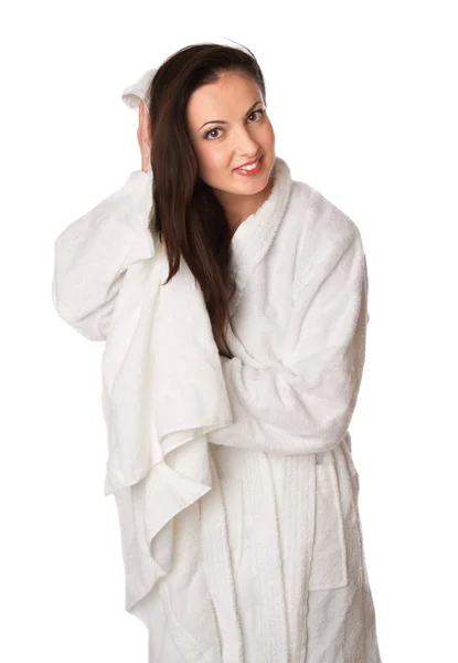 Natte vrouw in badjas — Stockfoto