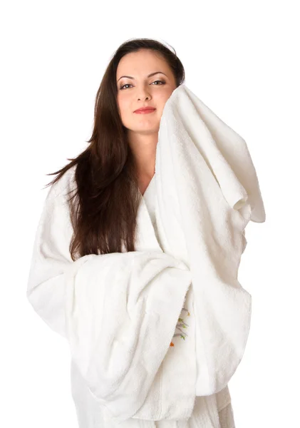 Natte vrouw in badjas — Stockfoto