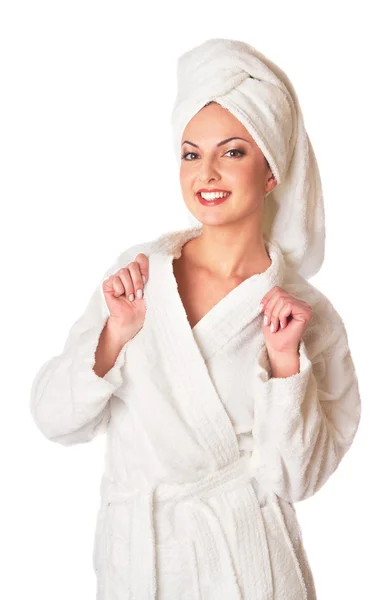 Woman in bathrobe is smiling — Stock Photo, Image