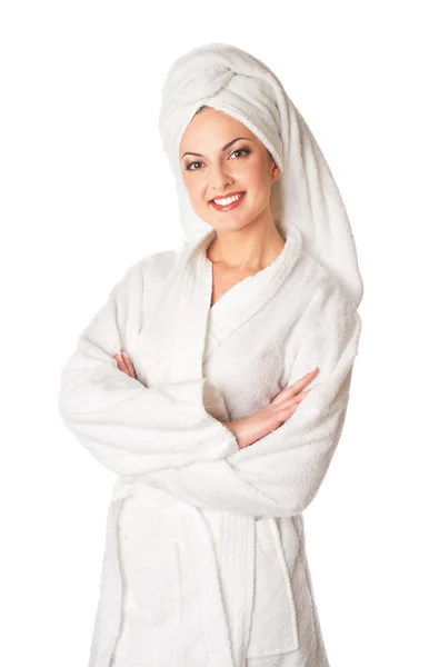 Woman in bathrobe is smiling — Stock Photo, Image