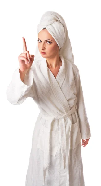 Vrouw in badjas is waarschuwing — Stockfoto