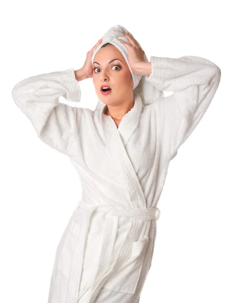 Mulher em roupão de banho é surpreendido — Fotografia de Stock
