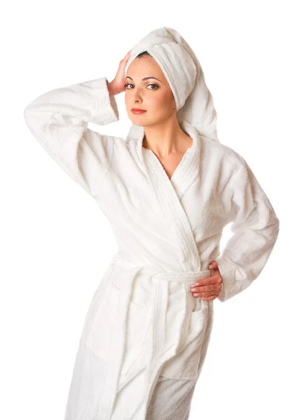 Woman in robe is posing — Stock Photo, Image
