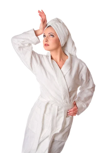 Woman in bathrobe is posing — Stock Photo, Image