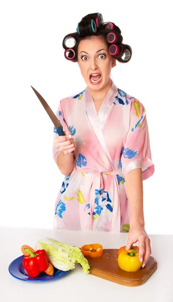 Stock image Woman with knife is screaming on kithcen