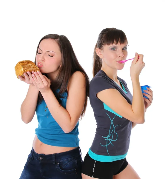 Fat and thin girls is eatting — Stock Photo, Image
